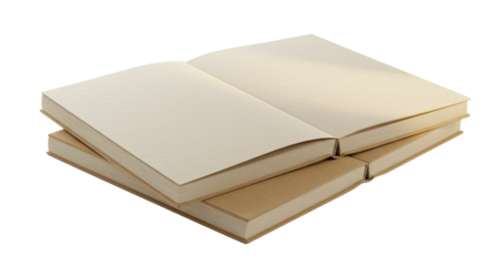 Open aged book with blank cream pages on stack, perfect for writing, reading, or vintage literature themes