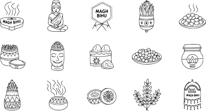 Magh Bihu Festival Line Art Icons Set. Hand drawn collection of traditional Assamese cultural elements, food, and rituals celebrating Bhogali Bihu.