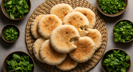 Freshly Baked Pita Bread Arranged with Green Herbs for Culinary and Gastronomy Uses