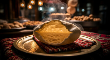 Freshly Baked Pita Bread on a Golden Plate with a Warm and Inviting Aesthetic