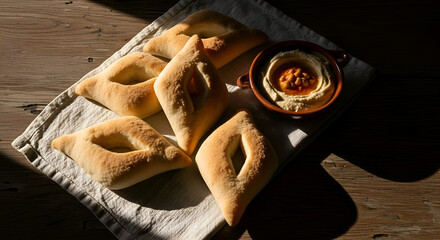 Freshly baked pita bread with hummus dip on a wooden table for a delicious meal