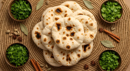 Freshly baked pita bread with herbs and spices on a woven mat for culinary presentation