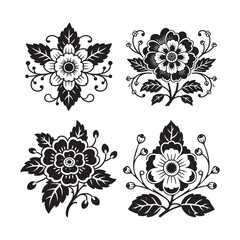 Silhouette Symmetrical Floral Vector Illustration with Detailed Petals, Curved Branches, and Leaves Design.