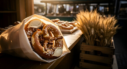 Freshly Baked Pretzels in a Paper Bag alongside Wheat Stalks at a Bakery Display