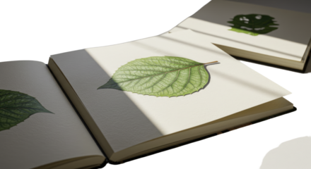 Open book with detailed botanical illustration of a green leaf under natural sunlight, perfect for nature studies and educational projects