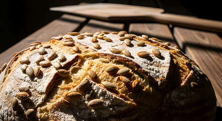 Freshly baked pumpkin seed bread on a wooden table with a wooden paddle