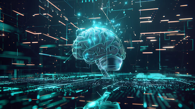 AI mechanical brain glowing teal surrounded by digital data futuristic visualization  