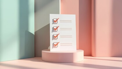 Minimalistic photo displays checklist with completed tasks. Blank paper with checkmarks stands on podium. Illustration productivity in style. Perfect for time management content, organization.