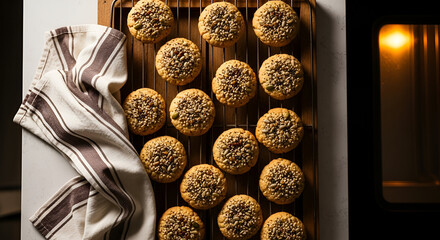 Freshly Baked Seed Cookies on a Cooling Rack Ready for Sweet Enjoyment and Tasting