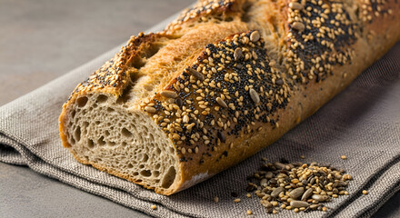 Freshly Baked Seeded Baguette Bread on a Linen Napkin Close Up Food Photography