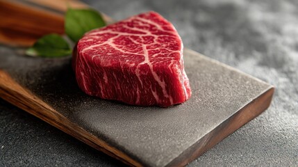 Japanese wagyu steak, marble texture close-up, minimalist Japanese restaurant setting, natural light
