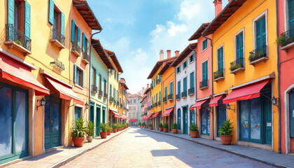 Fototapeta premium Colorful European street with shops. Buildings in warm yellow, orange, and pink tones line a cobblestone road under a bright blue sky. Verdant potted plants add life to the charming old town scene.