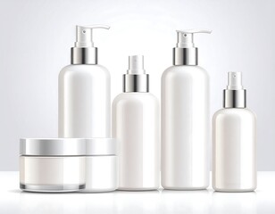 Collection of cosmetic containers arranged in a studio. Silvery accents on white bottles with pumps and sprayers. Glossy surfaces. Clean background
