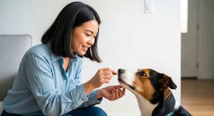 Woman giving dog a treat in modern home, pet training and bonding