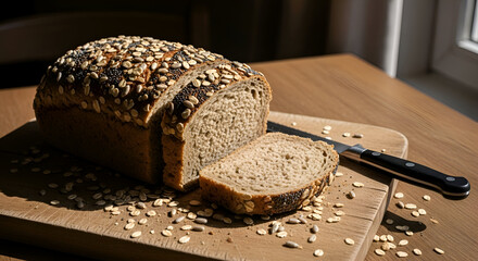 Freshly Baked Seeded Bread with a Slice on a Wooden Cutting Board with Knife