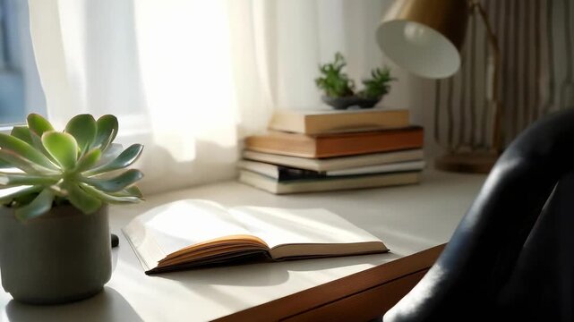 A tidy desk with a potted succulent, an open notebook, a stack of books, and a lamp by a sunlit window.