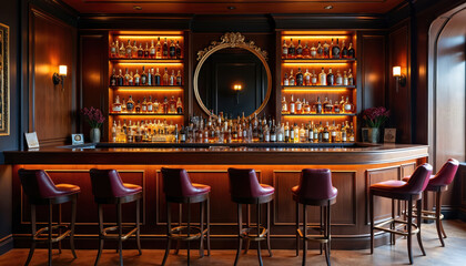 Elegant bar interior features sleek curved wooden counter. Shelves full of spirits glow warmly. Red leather high stools invite friends to relax, enjoy drinks in sophisticated setting. Modern design