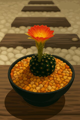 A small round cactus with sharp golden spines sits in a black pot filled with orange and yellow pebbles. A vibrant orange-red flower blooms from the top of the cactus, glowing with a warm yellow cente