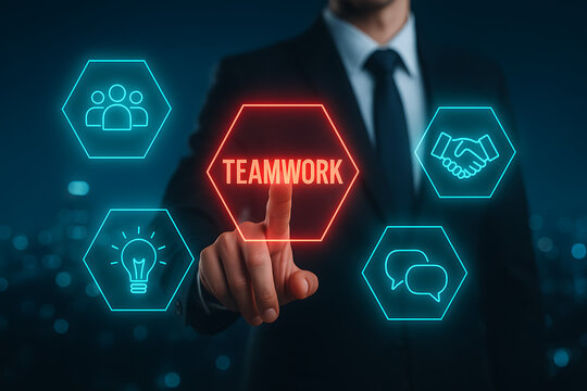 Teamwork and business collaboration concept with businessman touching central glowing hexagon for teamwork surrounded by icons for people, handshake, lightbulb, and chat bubbles - Powered by Adobe