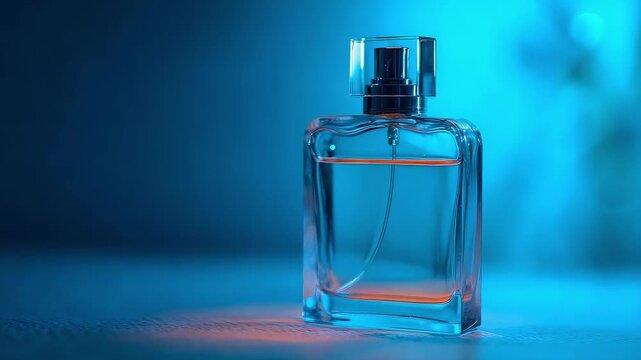 A square glass perfume bottle with a metallic spray cap, containing clear liquid, lit by blue lighting.