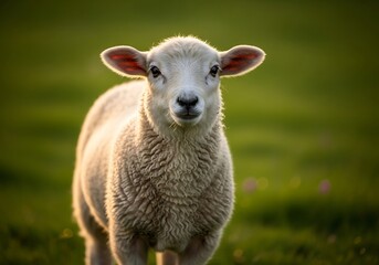 Fototapeta premium A cute young lamb with soft wool stands in a sunlit green field, looking directly at the viewer with gentle eyes.