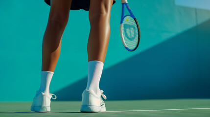 A close-up of a tennis player's legs in white socks on an outdoor green court with a bright turquoise background, racket in her hands