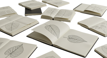 Open sketchbooks with botanical leaf drawings scattered on white background, perfect for art projects and nature studies