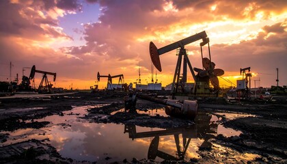 Dramatic sunset over an industrial landscape featuring oil extraction pumps in a muddy field reflecting the vibrant sky