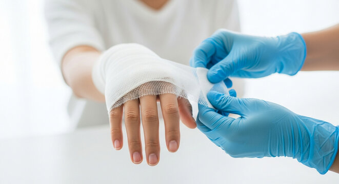 Bandaged hand in first aid treatment with person wearing gloves applying gauze wrap, emergency medical care