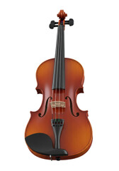 Fototapeta premium Polished reddish-brown classical violin with black fingerboard, intricate f-holes, and taut strings, isolated on a bright, transparent background with copy space, showcasing musical artistry and