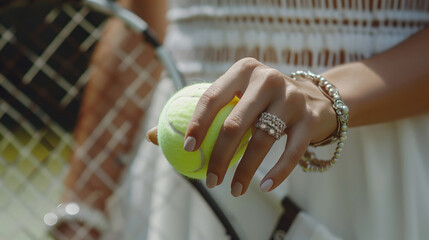 Close-up of a woman's hand holding a tennis ball and wearing bracelets and rings set against the backdrop of a white dress and tennis racket