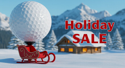 Golf ball on sleigh in snowy landscape near cabin and mountains, holiday sale advertisement