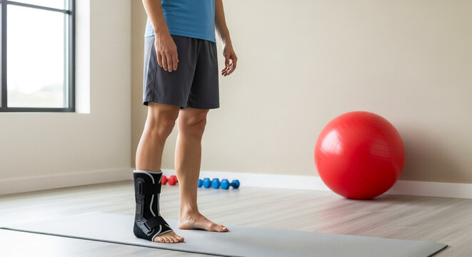 Ankle with mobility brace on standing person in physical therapy room, rehabilitation and recovery - Powered by Adobe
