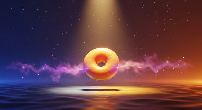Mystical glowing donut levitates in a spotlight over a reflective cosmic surface.