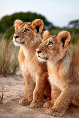 Lion cubs explore the sandy landscape at sunset in the wild