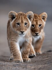 Lion cubs explore sandy terrain during a sunny day