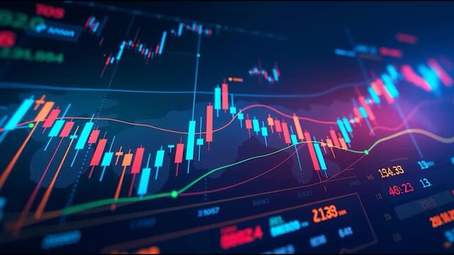 A vibrant financial chart displaying candlestick patterns with colorful lines, illustrating stock market trends and fluctuations.