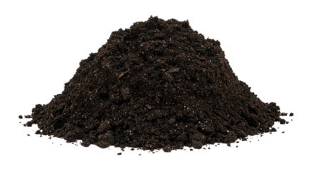 Pile of rich dark soil isolated on white background for gardening and planting purposes