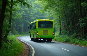 Green bus travels on winding road in forest. Public transport moves through dense green trees. Scenic nature landscape surrounds highway. Eco friendly travel in woods. Bus explores wild green areas.