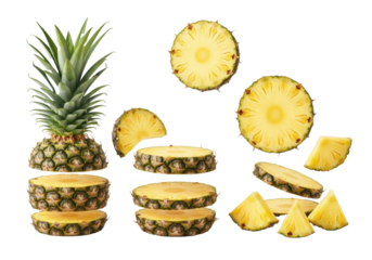 A vibrant display of fresh pineapples, including whole, halved, and levitating slices with golden-yellow flesh, on a transparent background, concept of healthy tropical fruit