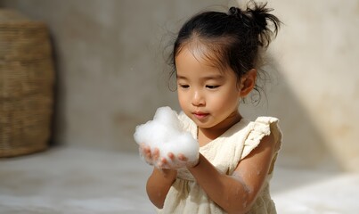 asian toddler girl playing with thick white soap bubbles in her hands