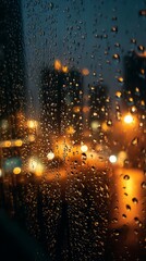 Raindrops on window at night with city lights
