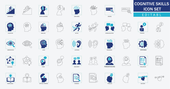 cognitive skills  icon set, creative thinking, problem solving, reasoning, communication, and analysis concepts. Ideal for education, training, business intelligence, and psychology-themed projects.
