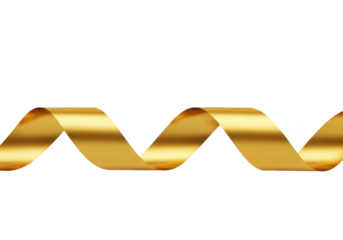 Elegant golden satin ribbon flowing in a wavy pattern, high-angle studio shot with shadowless lighting on a transparent background and copy space. Concept for luxury branding and design
