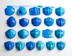 Collection of diverse, blue-colored masks, each with unique features, arranged on a white background. A blue paint stroke adds artistic touch