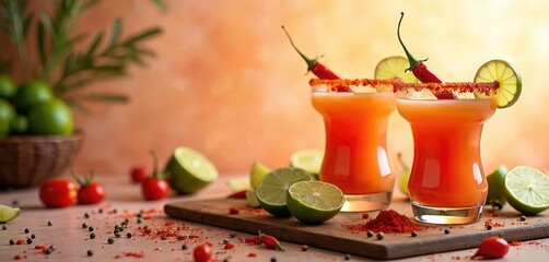Spicy Mexican margaritas with chili salt rims, lime slices, red peppers. Fresh limes, small chilis, spices arranged on rustic wood board. Vibrant orange alcoholic drinks for summer, fiesta, party,