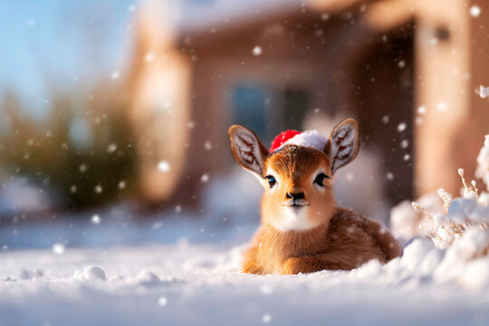 Christmas gazelle with Santa hat in snow festive African animal portrait