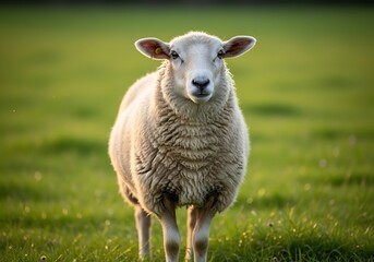 Fototapeta premium A single sheep with thick wool stands in a vibrant green pasture, looking directly at the camera with soft, warm lighting.