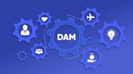DAM concept with interconnected gears and icons on blue background Digital Asset Management data - Powered by Adobe