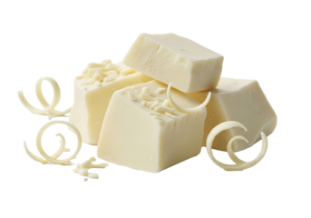 Creamy white chocolate chunks, delicate curls and shavings, transparent, velvety texture, bright diffused studio light on a transparent background, appetizing food concept